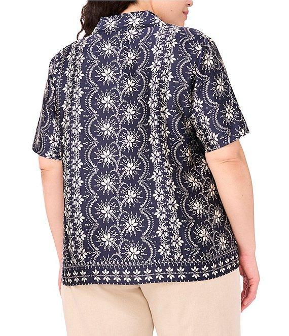 CeCe Plus Size Woven Notch Collar Short Sleeve Button Front Camp Coordinating Shirt Product Image