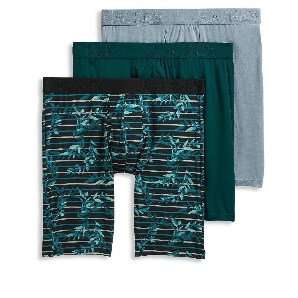 Jockey Men's Active Ultra Soft Modal 9" Long Leg Boxer Brief - 3 Pack S Silver Line Blue/Ethereal Leaves/Gem Green Product Image