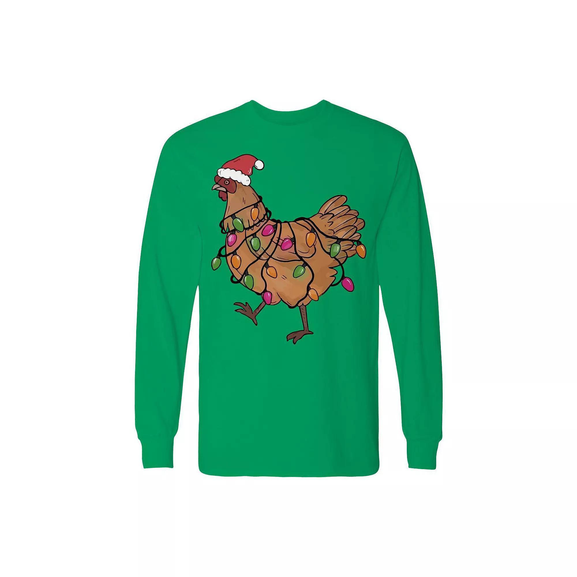 Men's Christmas Light Hen Long Sleeve Graphic Tee, Size: Large, Irish Green Product Image