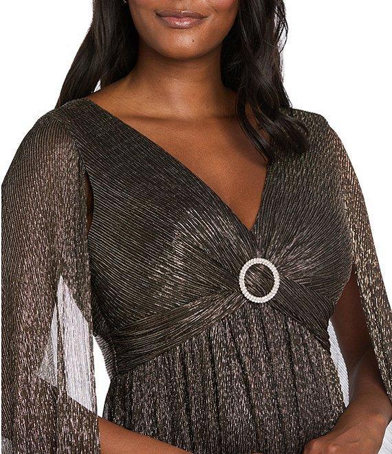 R & M Richards Crinkle Metallic Cape Sleeve Rhinestone Detail V-Neck Empire Waist Gown Product Image