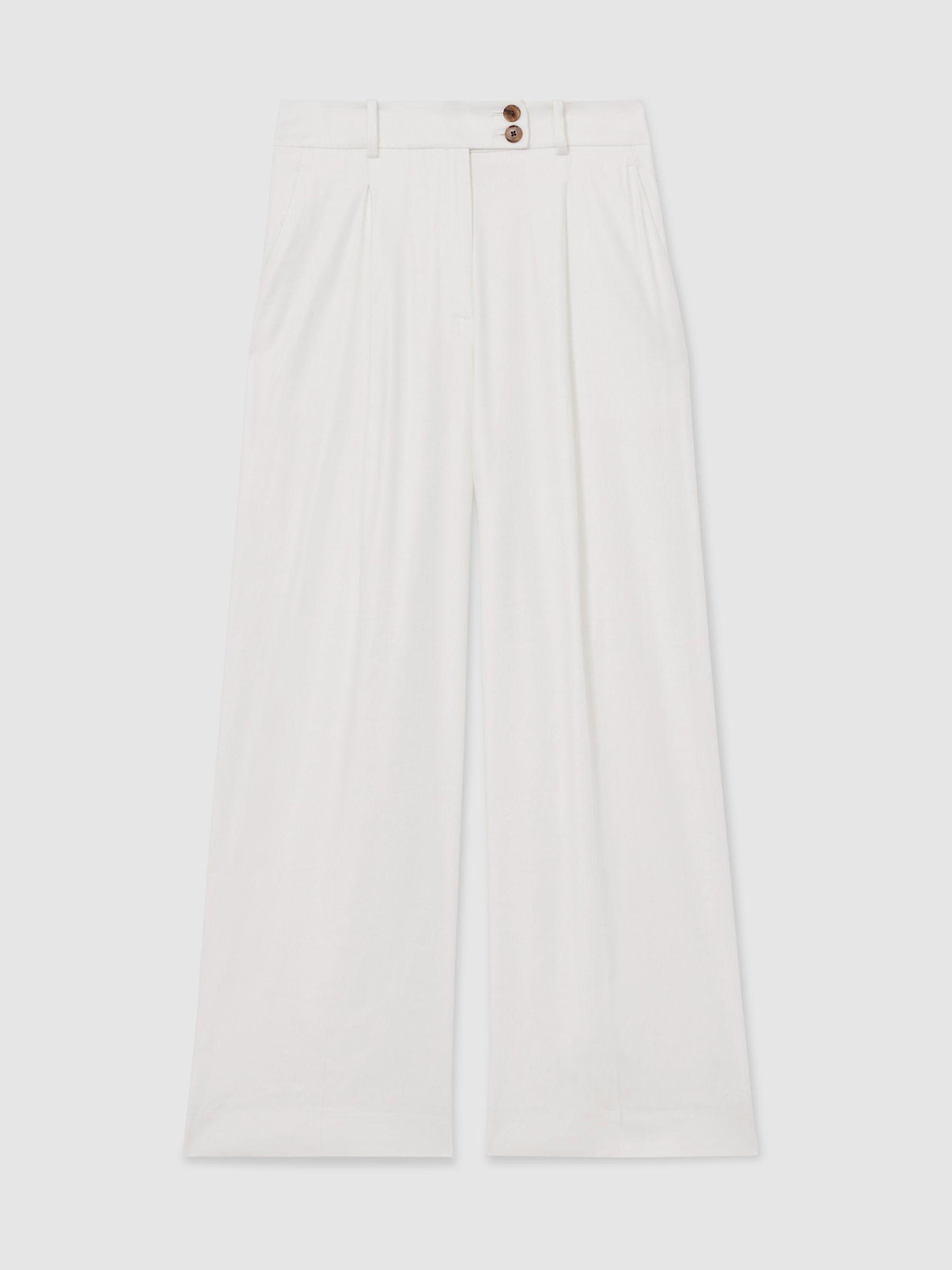 Linen-Blend Wide-Leg Trousers in White Product Image
