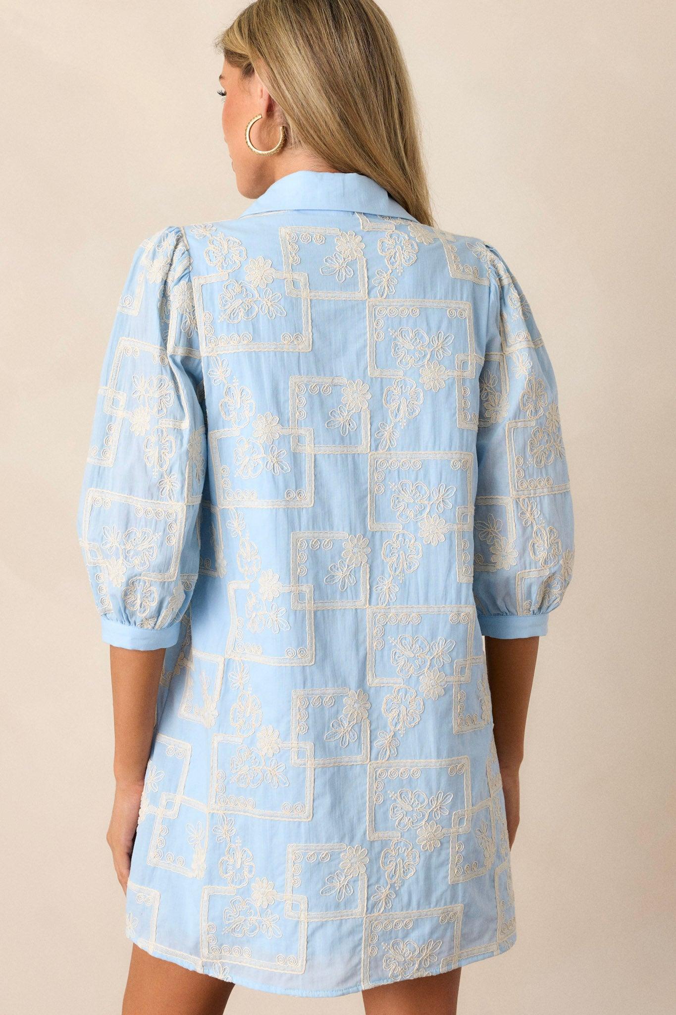 So Close 100% Cotton Light Blue Embroidered Mini Dress Product Image