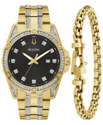 Bulova Mens Classic Crystal Gold-Tone Stainless Steel Bracelet Watch Box Set 43mm Product Image