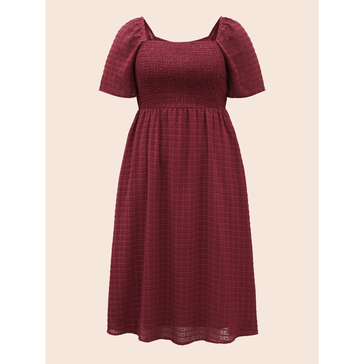 Plus Size Square Neck Textured Shirred Midi Dress Burgundy Women Elegant Texture Square Neck Short sleeve Curvy BloomChic 22-24/3X Product Image
