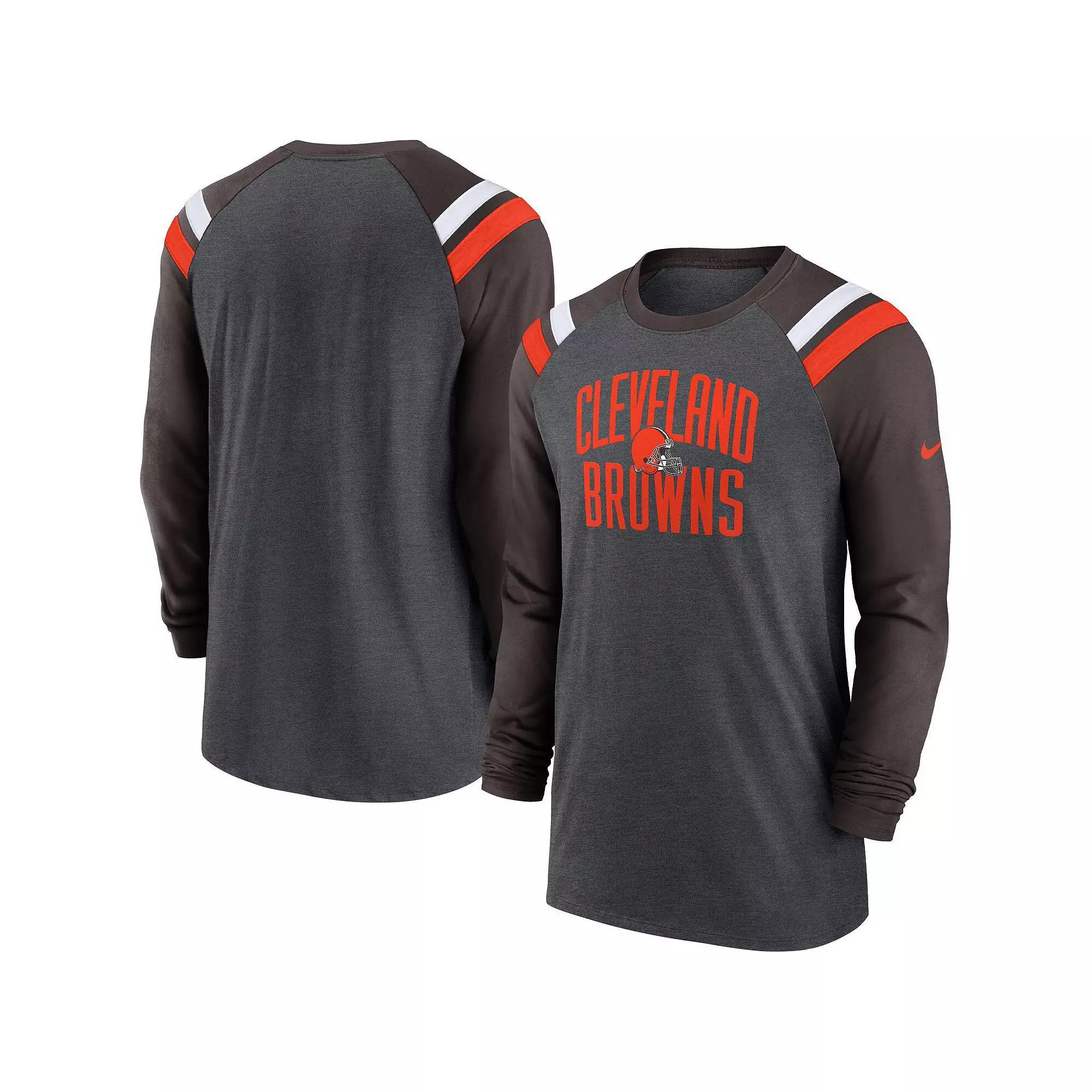 Men's Nike Heathered Charcoal/Brown Cleveland Browns Tri-Blend Raglan Athletic Long Sleeve Fashion T-Shirt, Size: XL Product Image