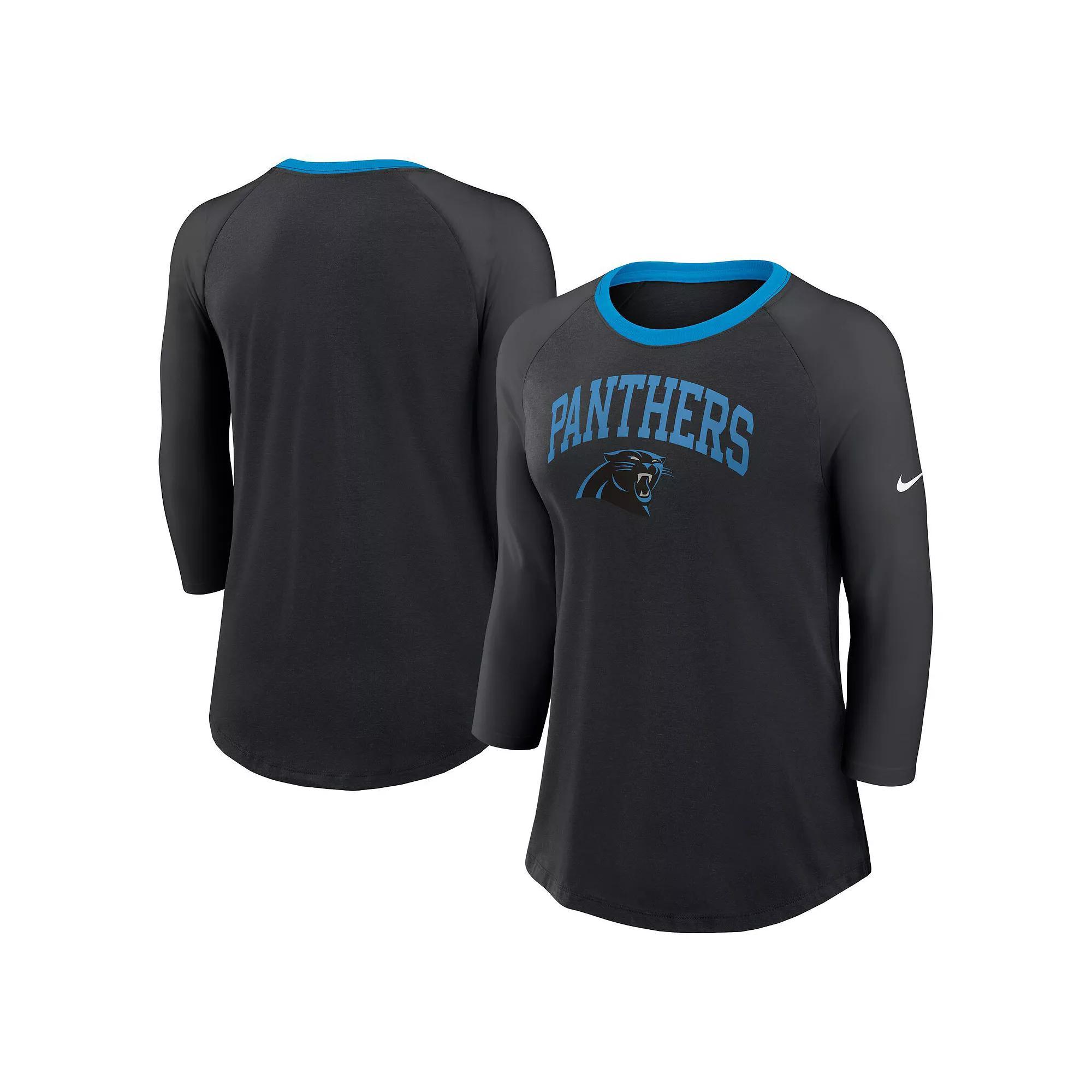 Women's Nike Black Carolina Panthers Raglan 3/4 Sleeve T-Shirt,  Product Image