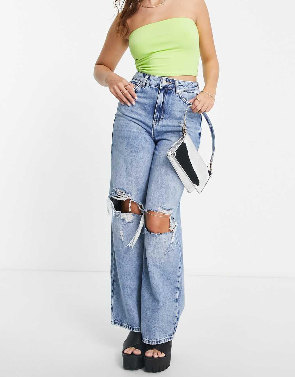 New Look Petite 90s ripped baggy jean in mid blue Product Image