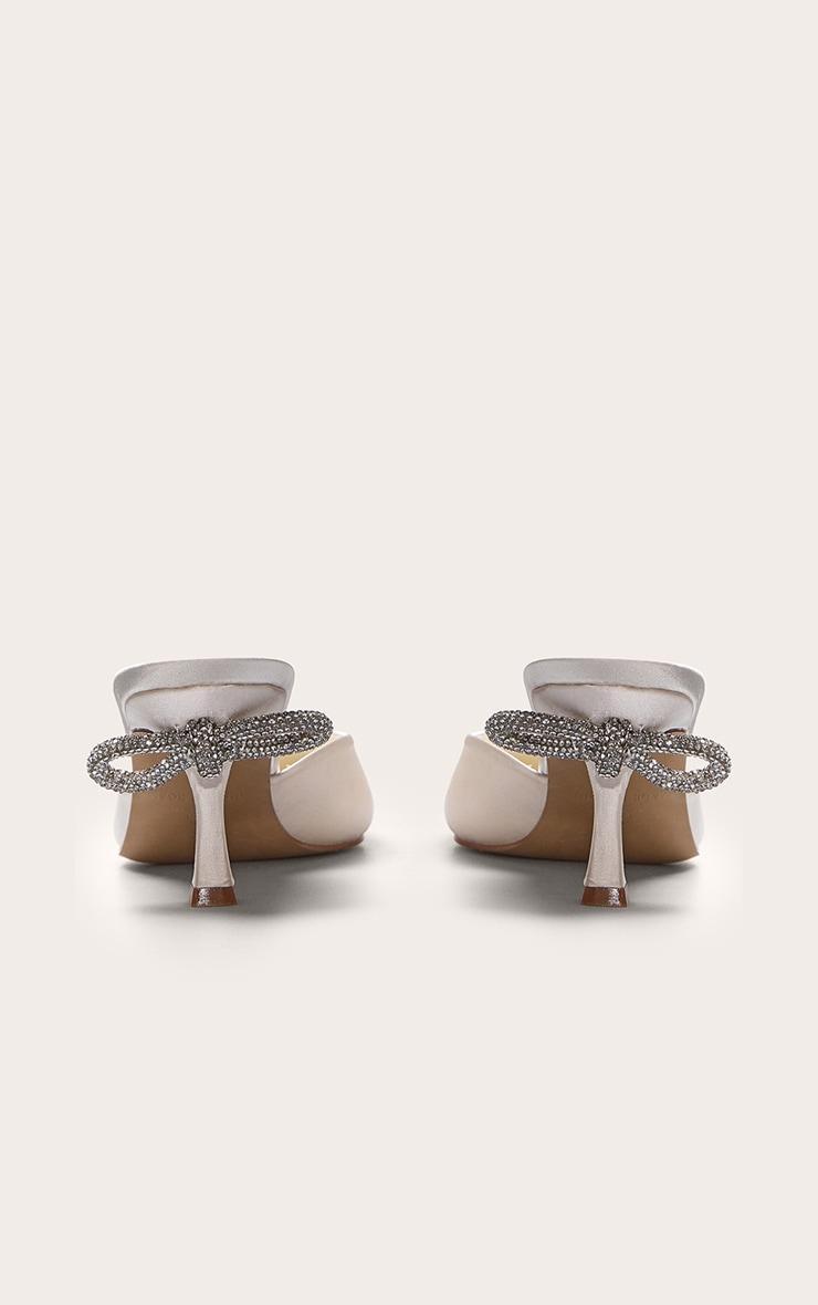 Ivory Satin Point Toe Diamante Bow Low Heeled Mules Product Image