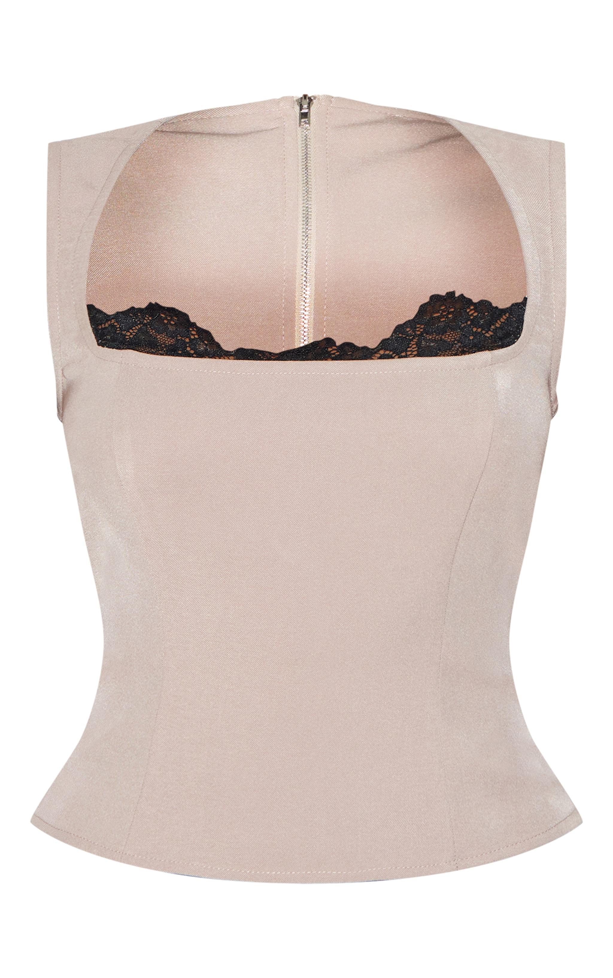 Taupe Lace Detail Square Neck Woven Top Product Image