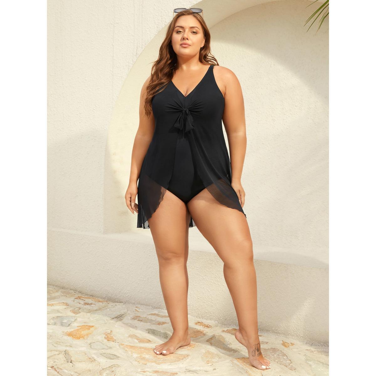 Plus Size Knotted Front Extra Coverage One-Piece Swimsuit Women's Swimwear Black Beach Tie knot Curve Bathing Suits High stretch One Pieces BloomChic 14-16/1X Product Image