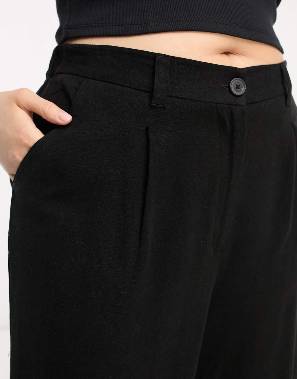 ASOS DESIGN Curve wide leg dad pants with linen in black  Product Image