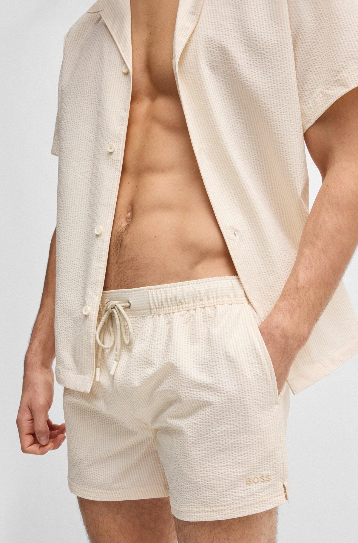 BOSS - Swim shorts in striped seersucker fabric - White Product Image