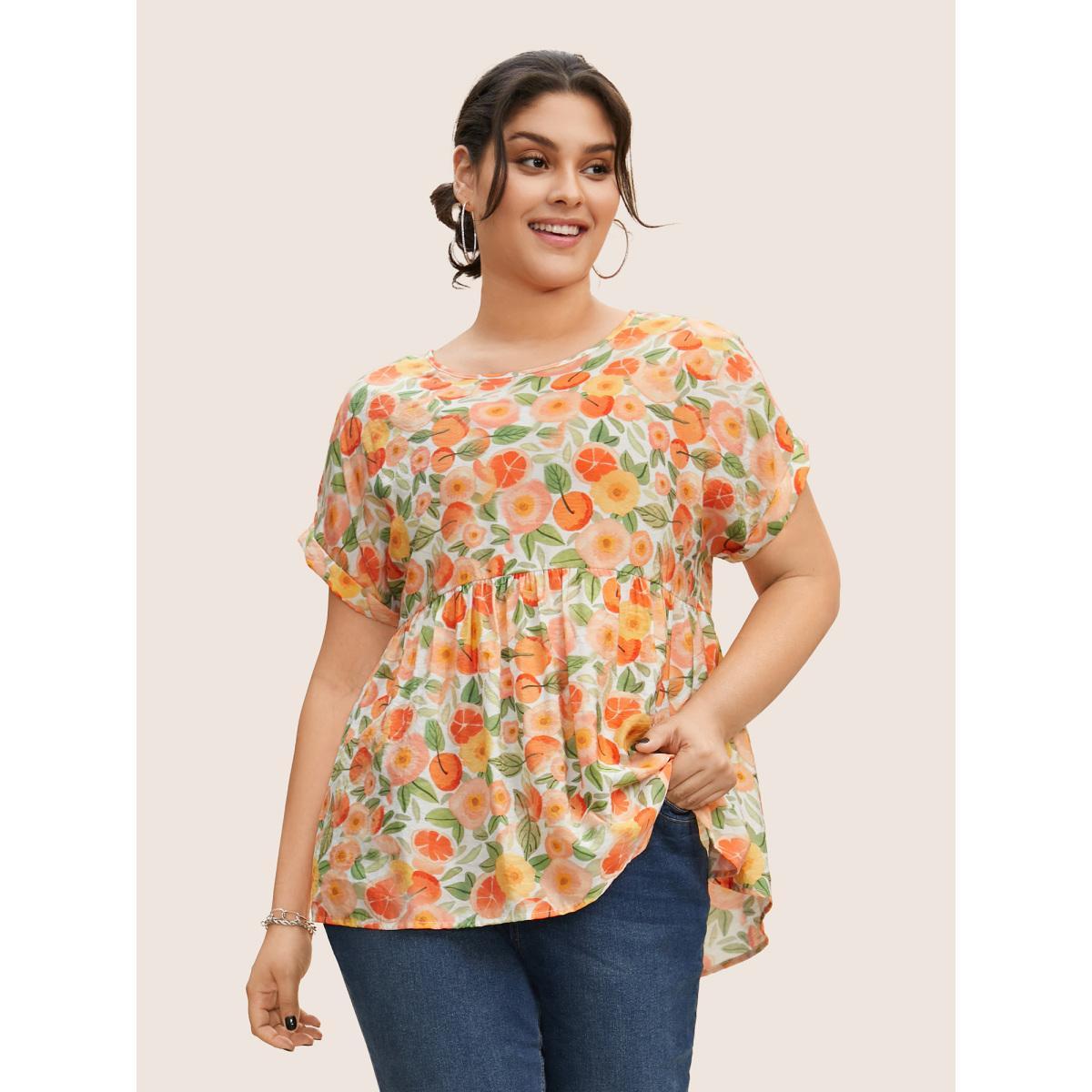 Plus Size Salmon Fruit Print Curved Hem Batwing Sleeve Blouse Women Leisure Cap Sleeve Round Neck Casual Blouses BloomChic 10/M Product Image