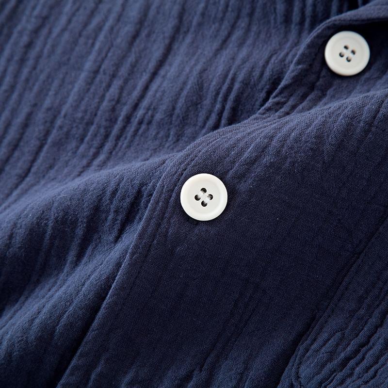 Pajama Set: Short-Sleeve Lapel Collar Plain Button Top + Lounge Shorts Product Image