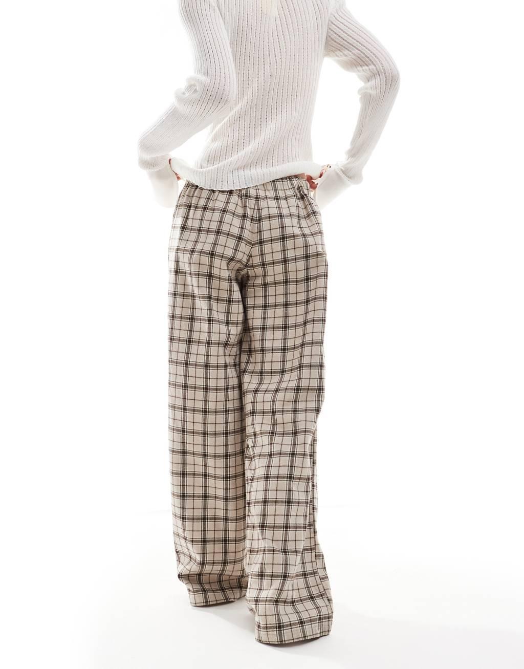 Monki wide leg pajama pants in beige check Product Image