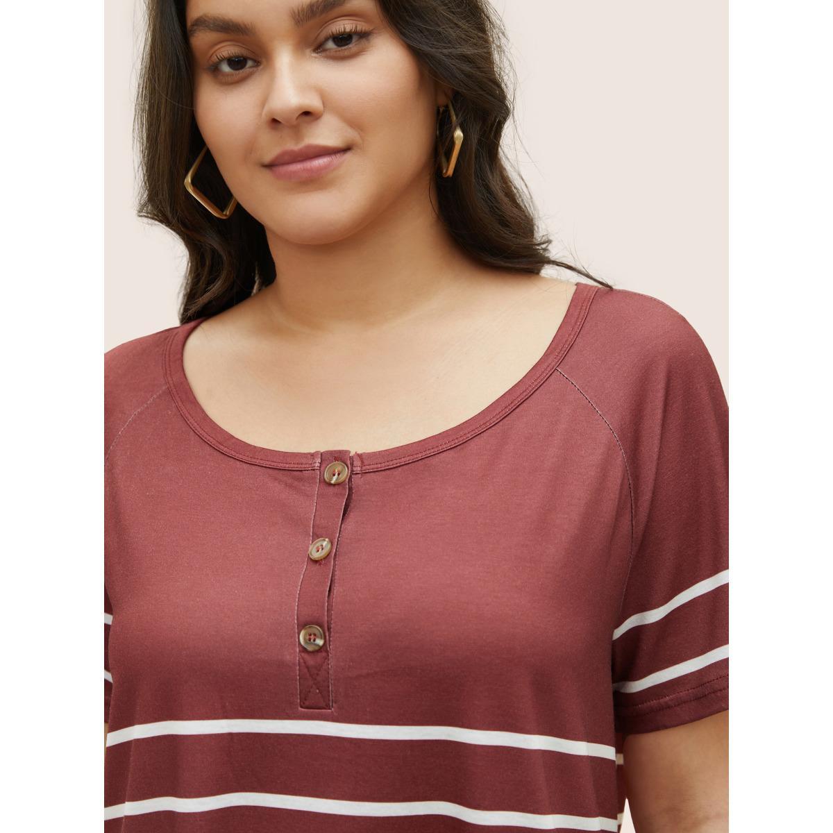 Plus Size Striped Print Raglan Sleeve Button Up T-shirt Burgundy Women Casual Contrast Striped Round Neck Everyday T-shirts BloomChic 26/4X Product Image
