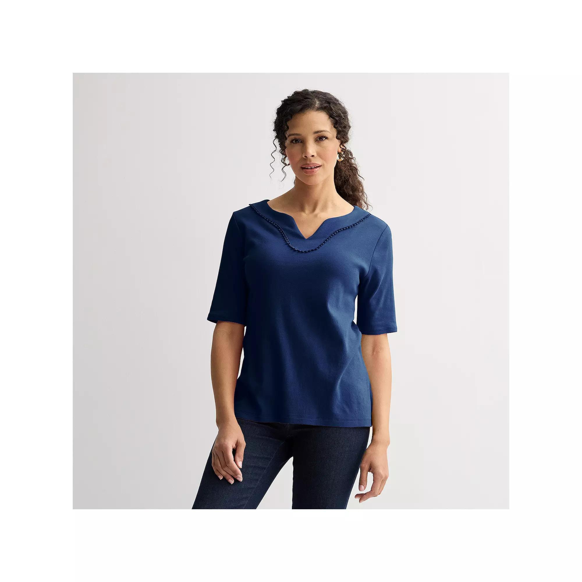 Petite Croft & Barrow Bobble Trim Splitneck Top, Womens Felix Blue Product Image