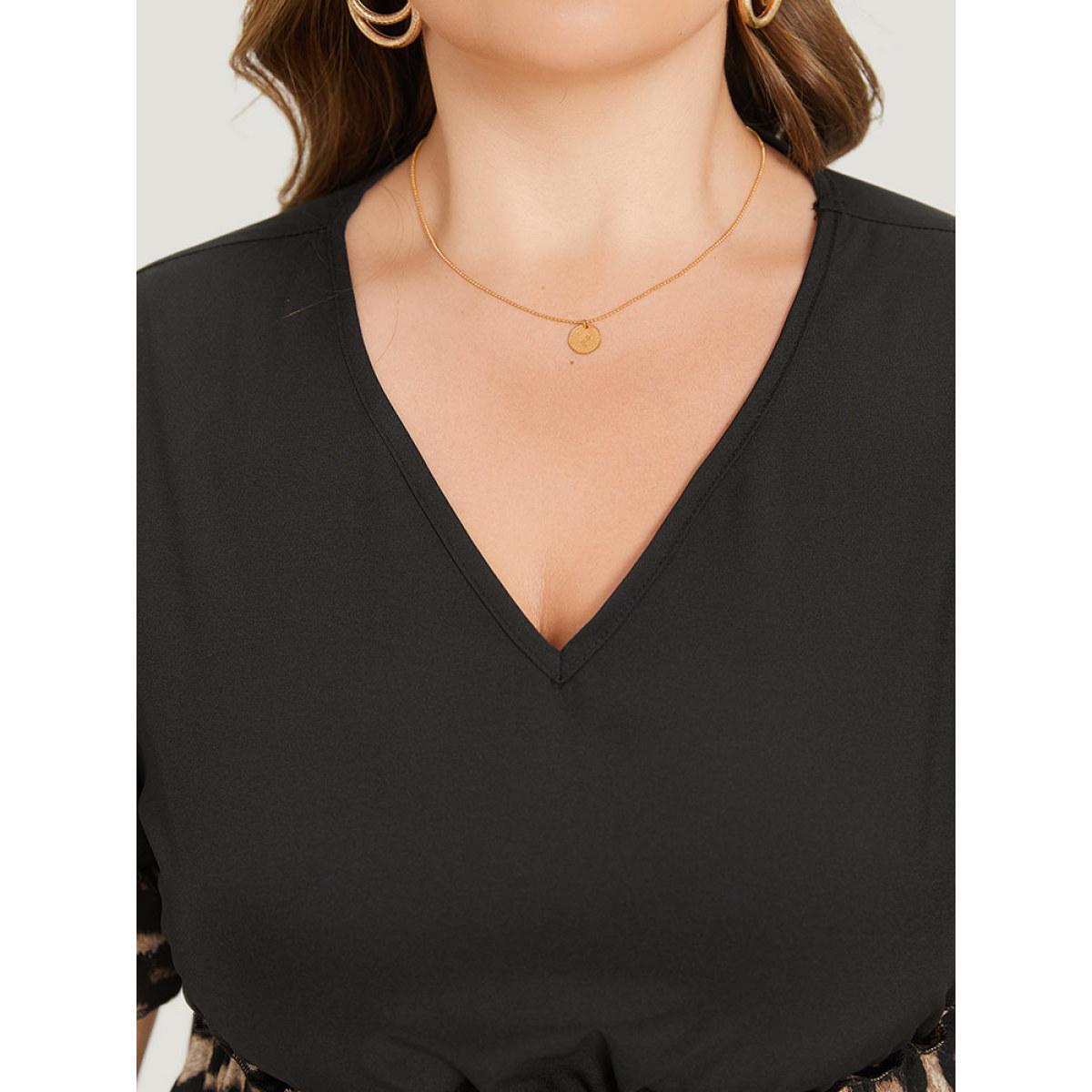 Plus Size Leopard Print Patchwork V Neck Bell Sleeve Dress Black Women Elegant Patchwork V-neck Short sleeve Curvy Knee Dress BloomChic 10/M Product Image
