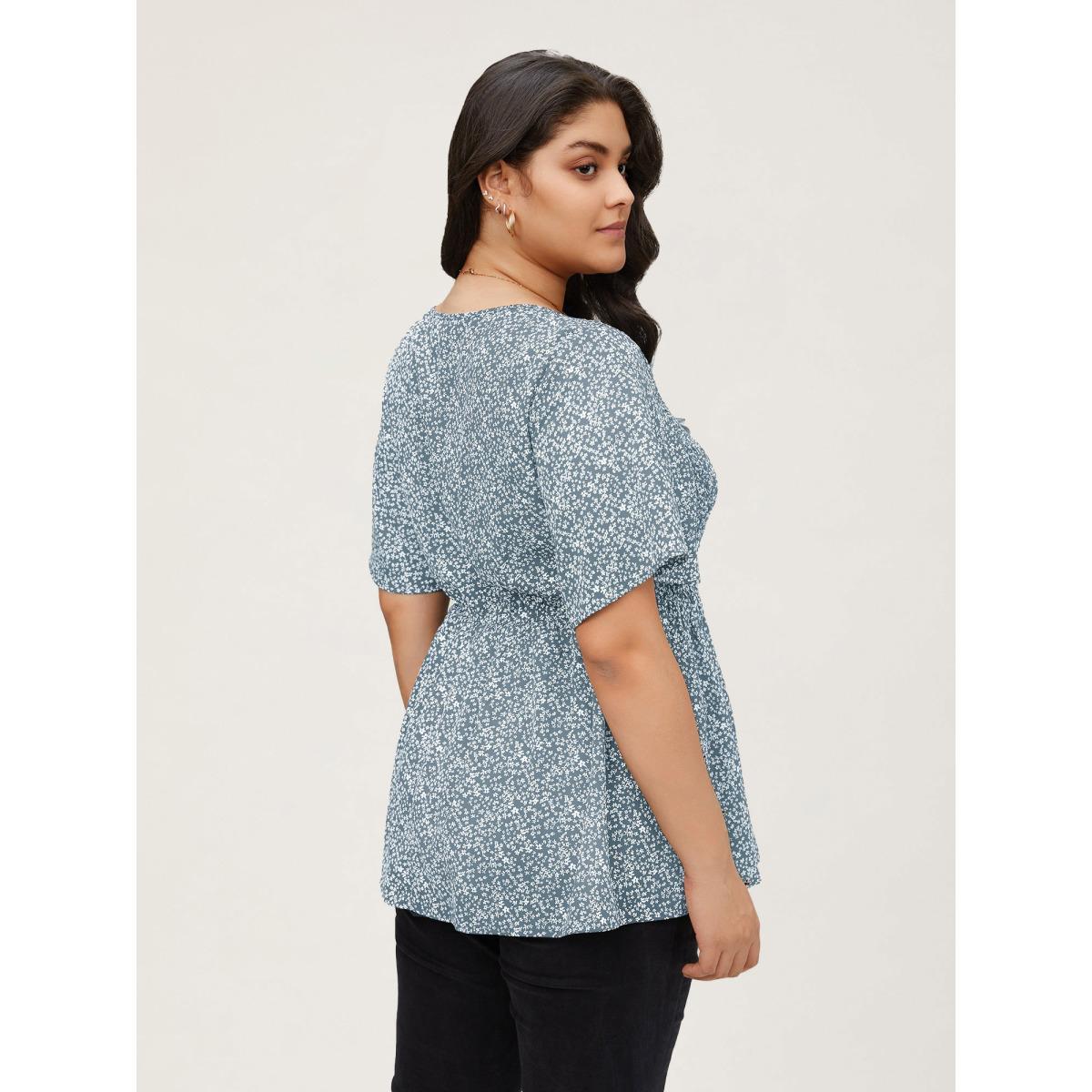 Plus Size LightBlue Ditsy Floral Shirred Ruffle Sleeve Elastic Waist Blouse Women Timeless Short sleeve V-neck Elegant Blouses BloomChic 30/6X Product Image