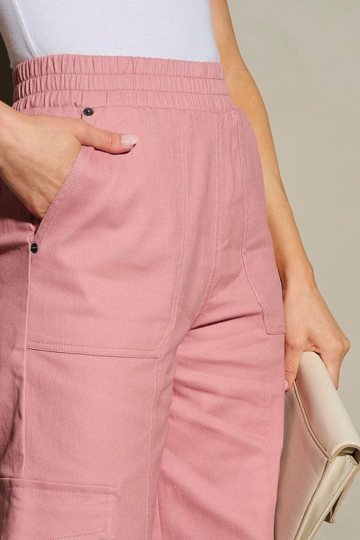 Elastic Waist Cargo Pockets Wide Leg Pants Product Image