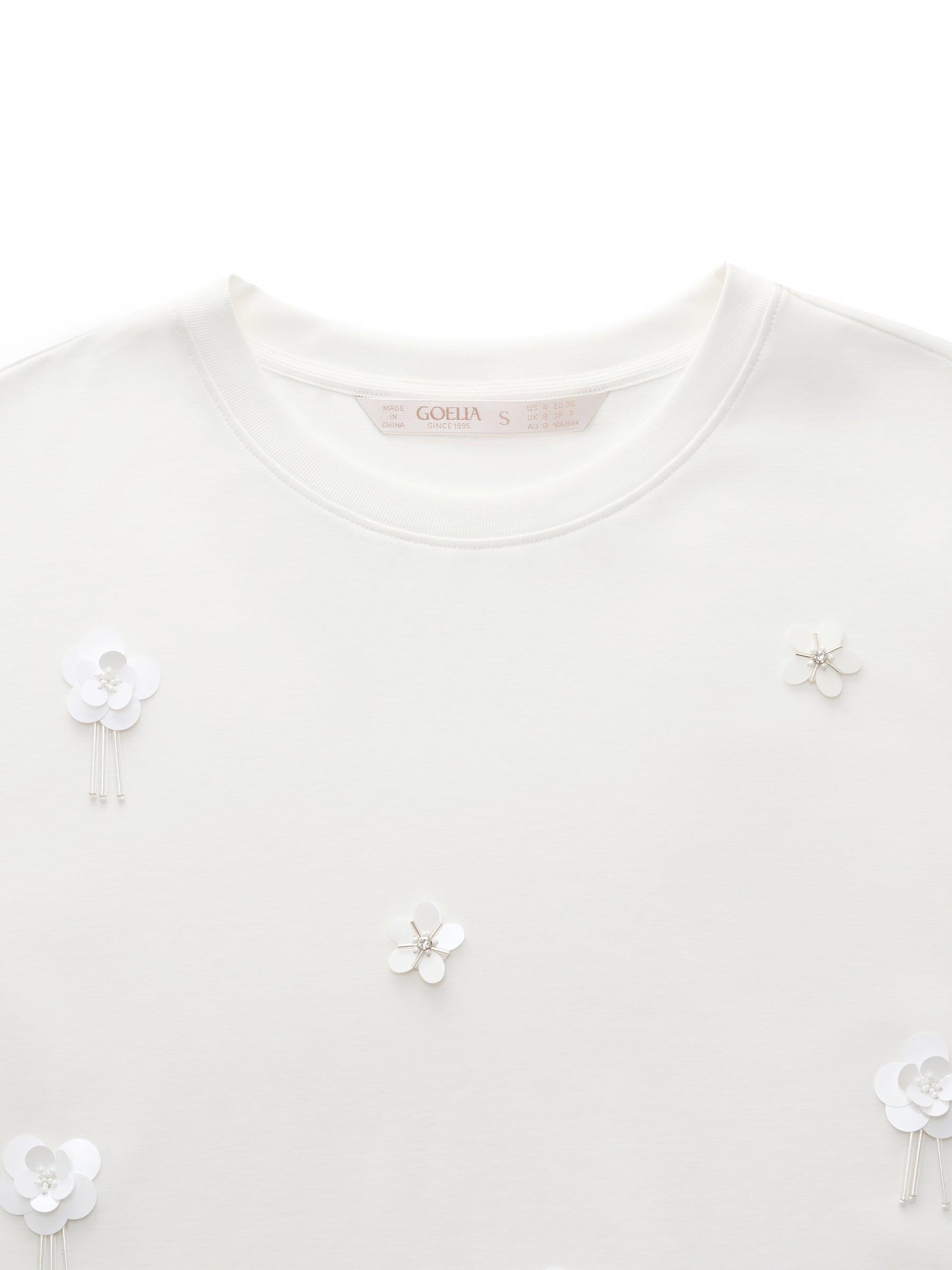 100% Cotton 3D Floral Beaded Women T-Shirt Product Image