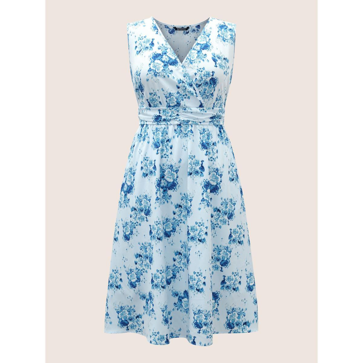 Plus Size Overlap Collar Floral Sleeveless Ruched Dress LightBlue Women Elegant Gathered Overlap Collar Sleeveless Curvy Midi Dress BloomChic 14-16/1X Product Image