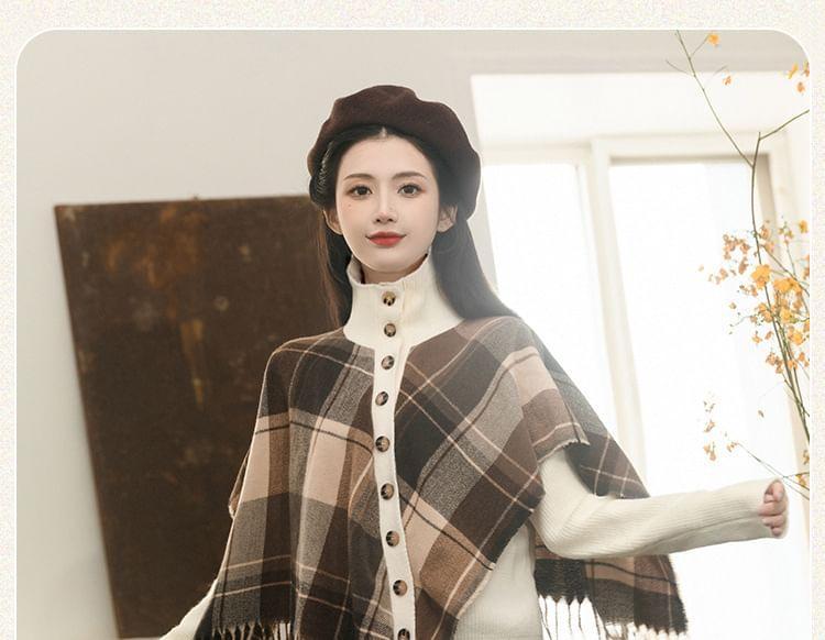 Set: Long-Sleeve Turtleneck Plaid Panel Top + High Rise Maxi A-Line Skirt Product Image