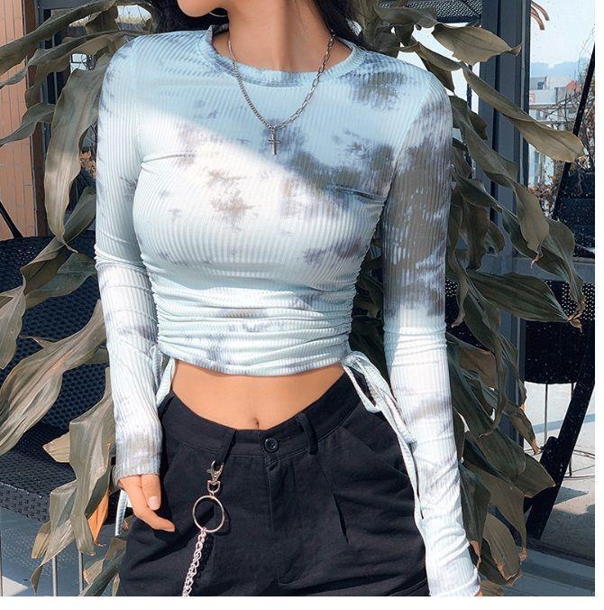 Drawstring Ribbed Long-Sleeve Tie-Dye Crop Top Product Image