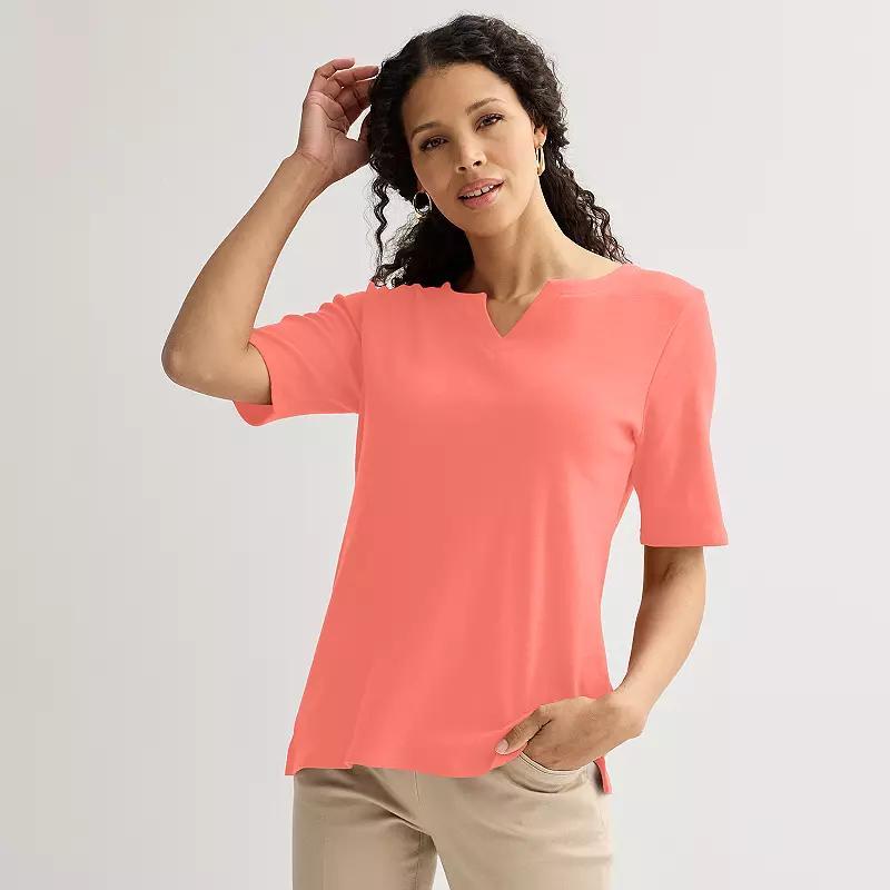Petite Croft & Barrow® Elbow Sleeve Splitneck Top, Women's,  Product Image