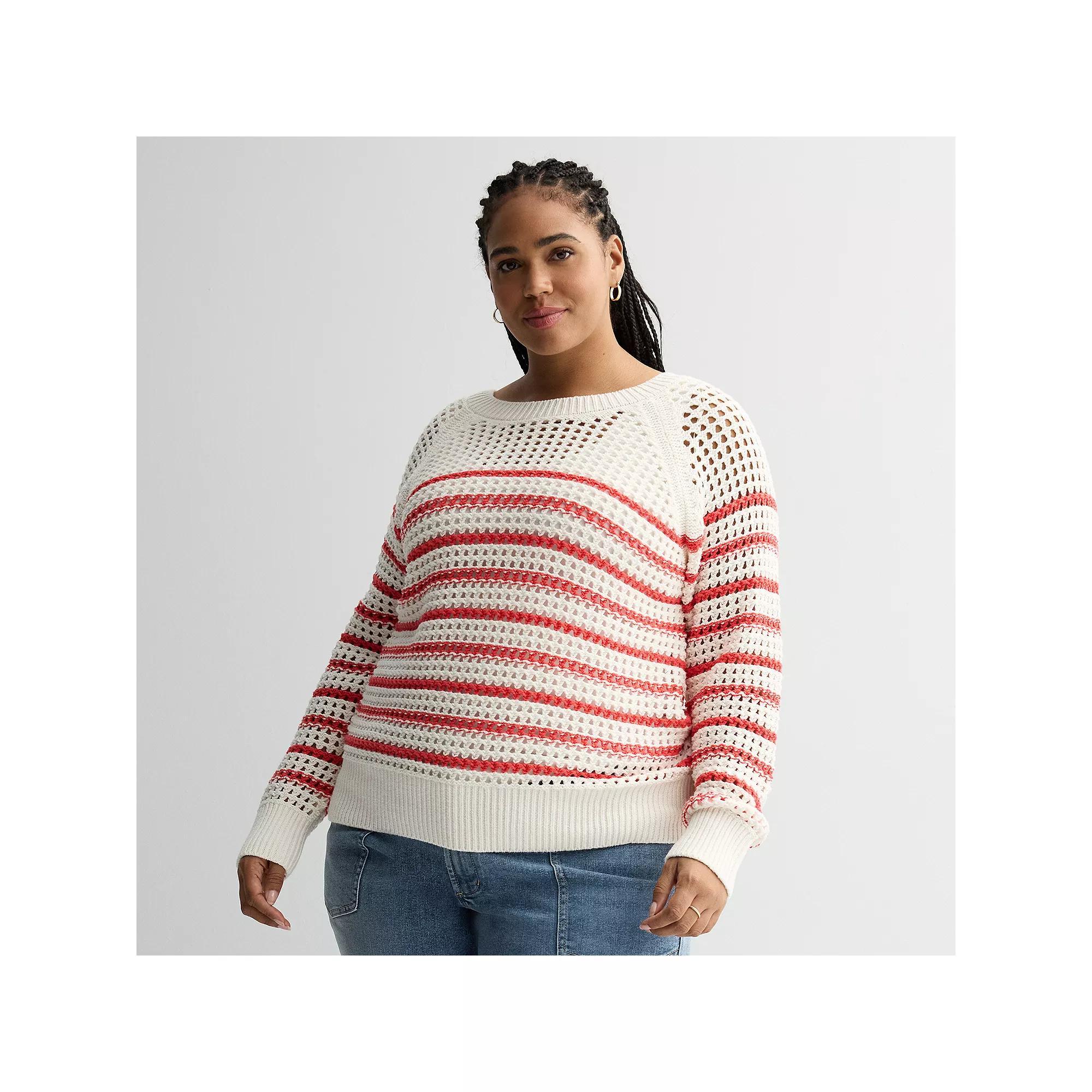Plus Size Sonoma Goods For Life® Open Stitch Pullover, Women's, Size: 5XL, Ivory Navy Stripe Product Image