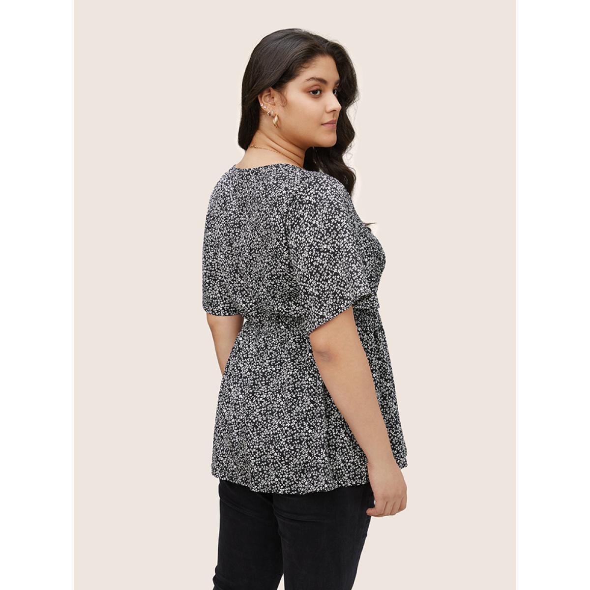 Plus Size Black Ditsy Floral Shirred Ruffle Sleeve Elastic Waist Blouse Women Timeless Short sleeve V-neck Elegant Blouses BloomChic 28/5X Product Image