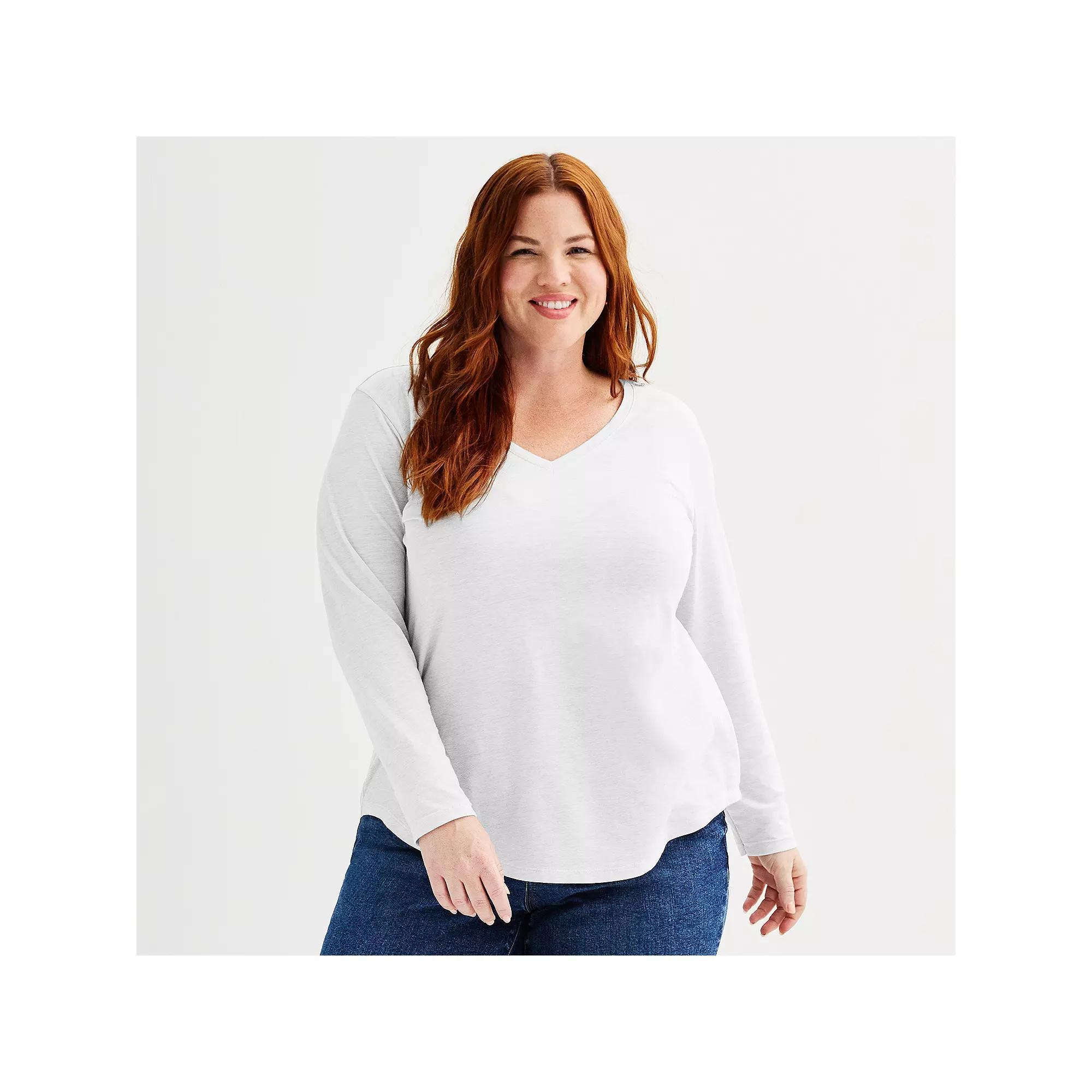 Plus Size Sonoma Goods For Life® Everyday Long Sleeve V-Neck Tee, Women's, Size: 1XL, Vital White Product Image