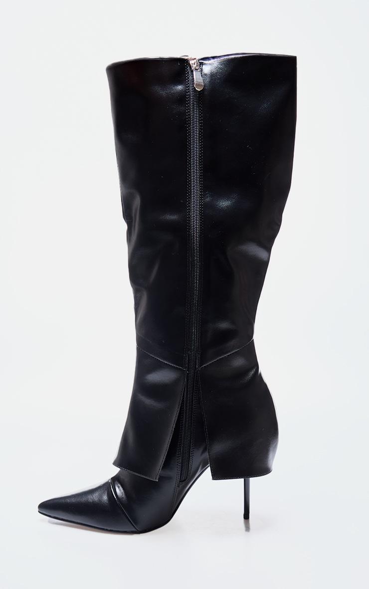 Black PU Point Toe Fold Over Zip Detail High Stiletto Heeled Boots Product Image