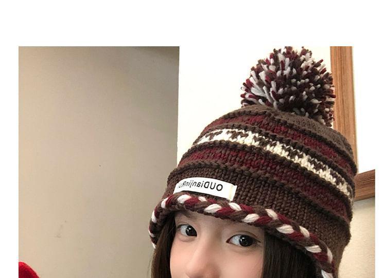 Lettering Applique Pom Pom Knit Beanie Product Image