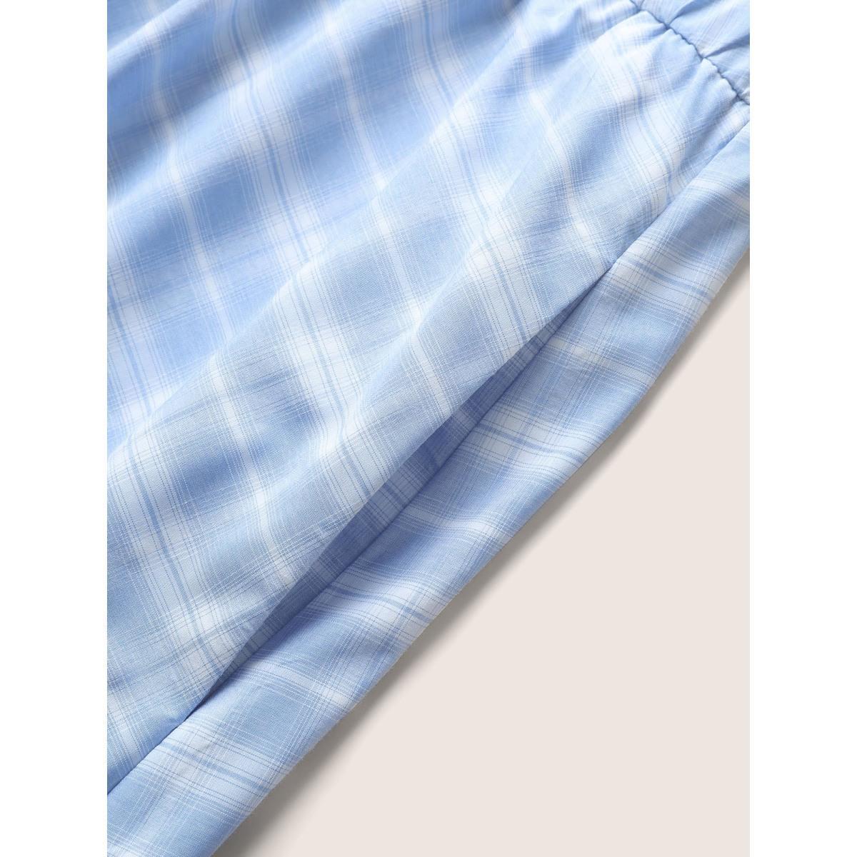 Plus Size Plaid Square Neck Gathered Shirred Dress LightBlue Women Casual Non Square Neck Short sleeve Curvy Midi Dress BloomChic 14-16/1X Product Image