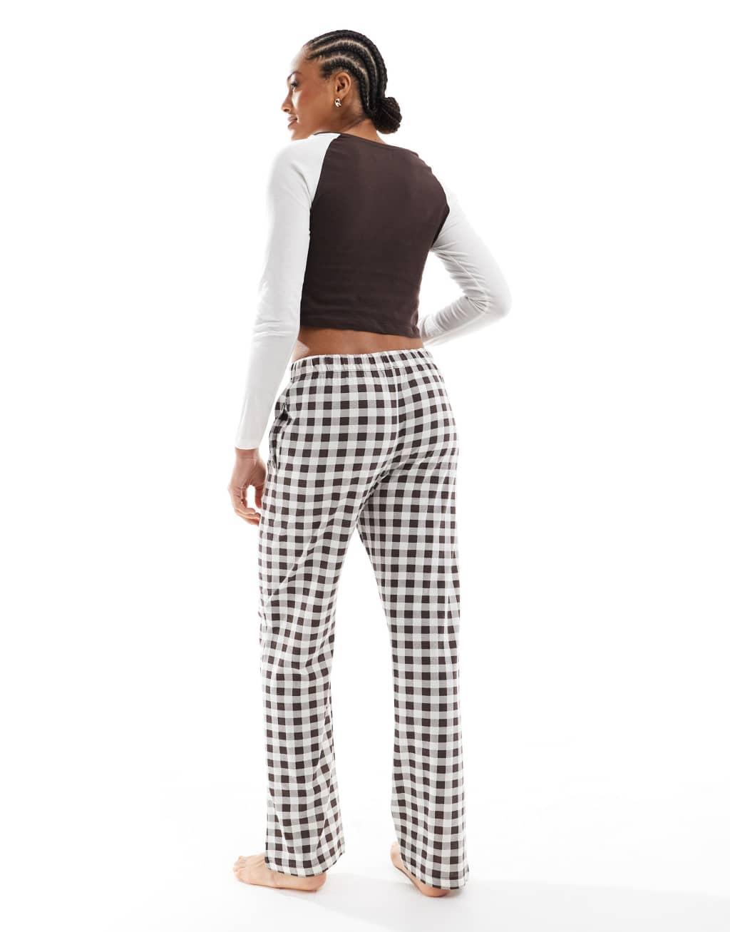 Brave Soul cropped long sleeve t-shirt and wide leg check pants lounge set in ecru and brown Product Image