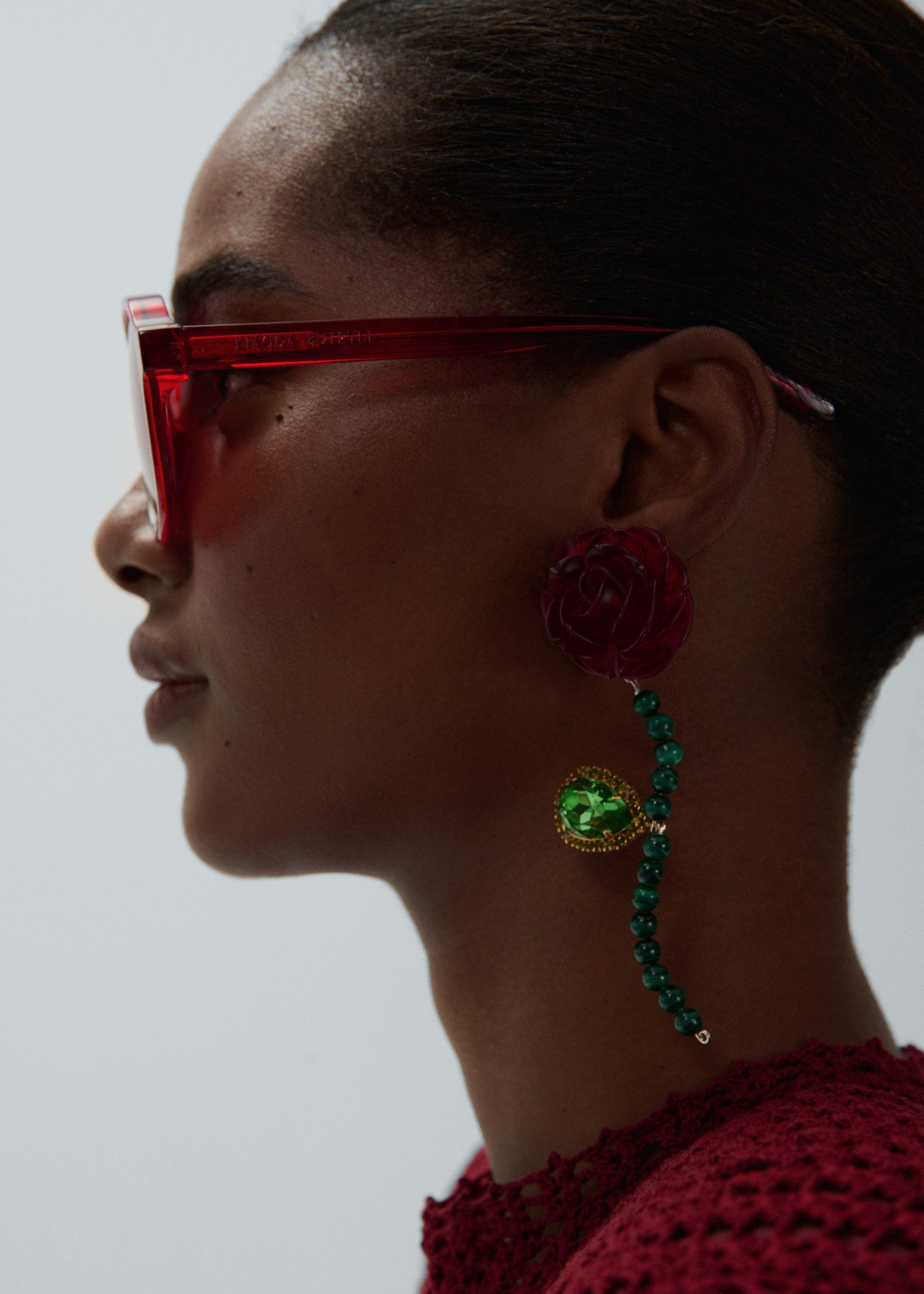 Red rose and green gem earrings Product Image