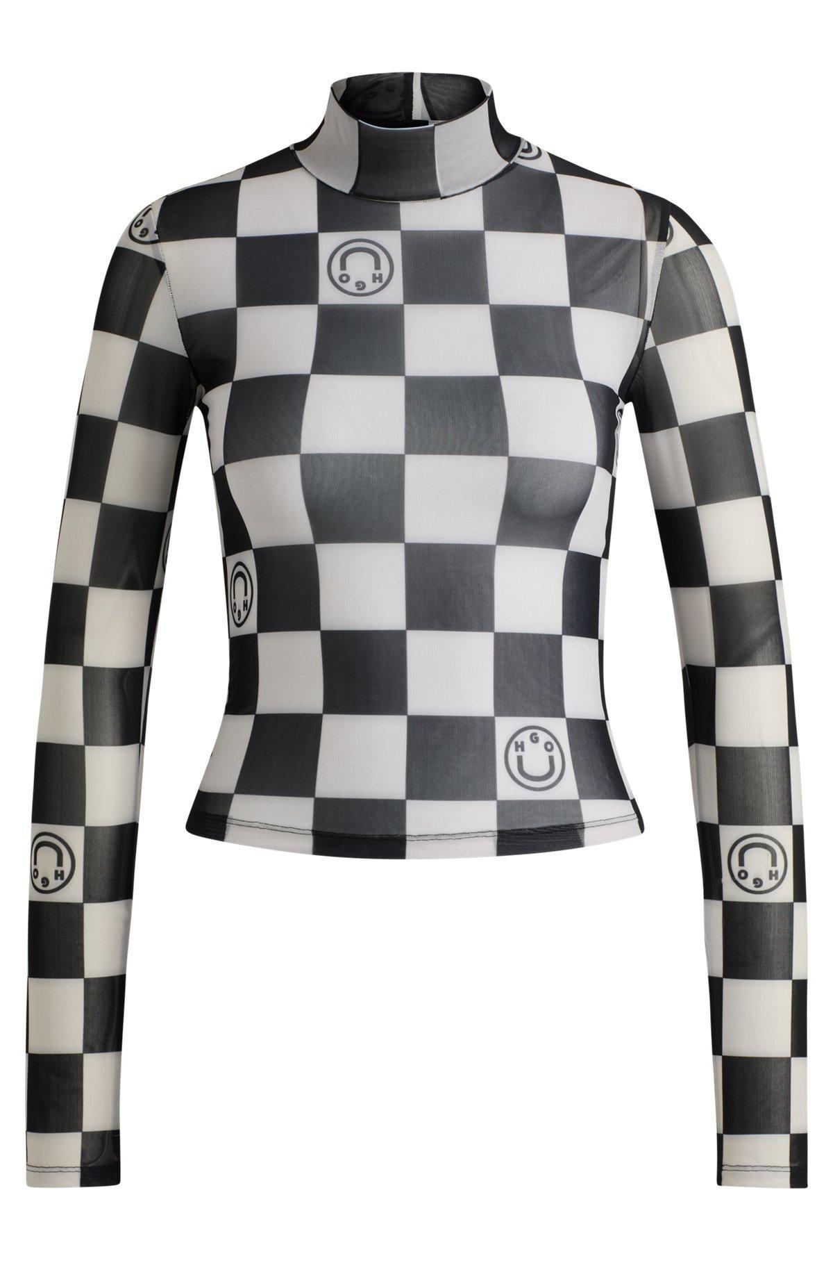 Cropped long-sleeved top in checkerboard-print stretch mesh Product Image