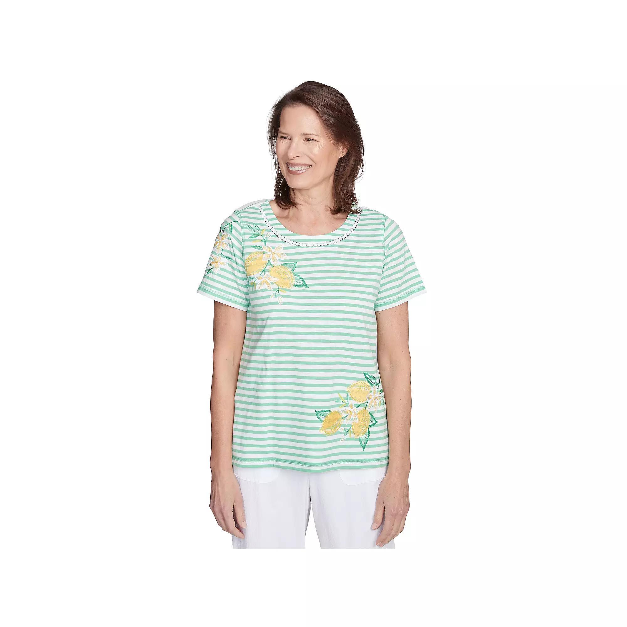 Petite Alfred Dunner Lemon Printed Striped Tee, Womens Green Product Image