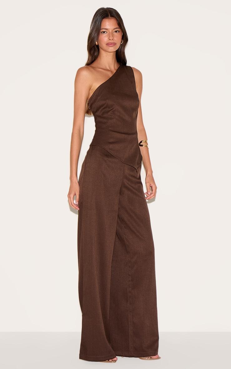 Chocolate Woven One Shoulder Wide Leg Jumpsuit Product Image