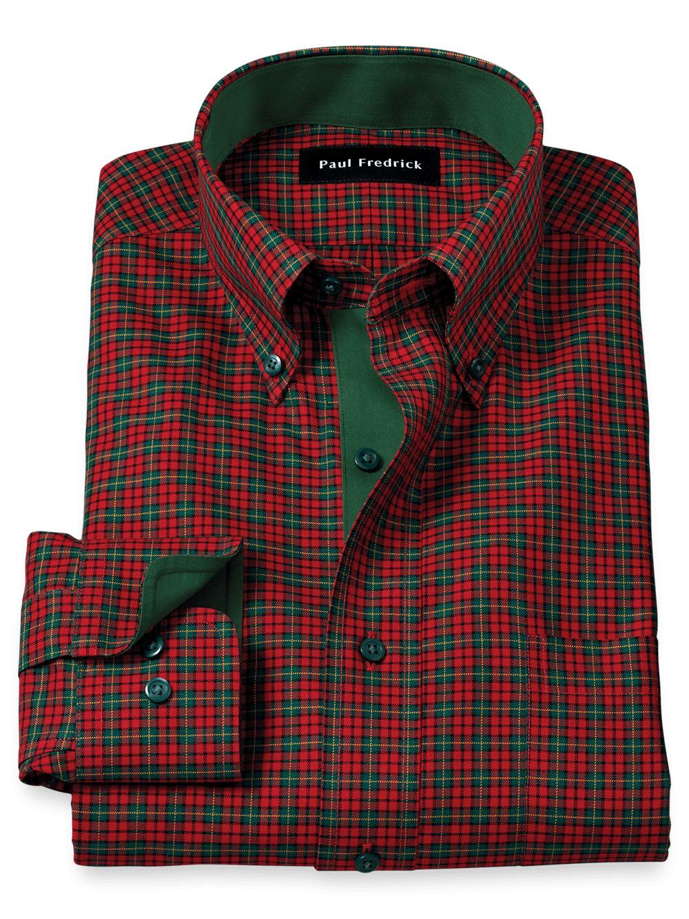 Non-Iron Cotton Plaid Dress Shirt With Contrast Trim - Red/green Product Image