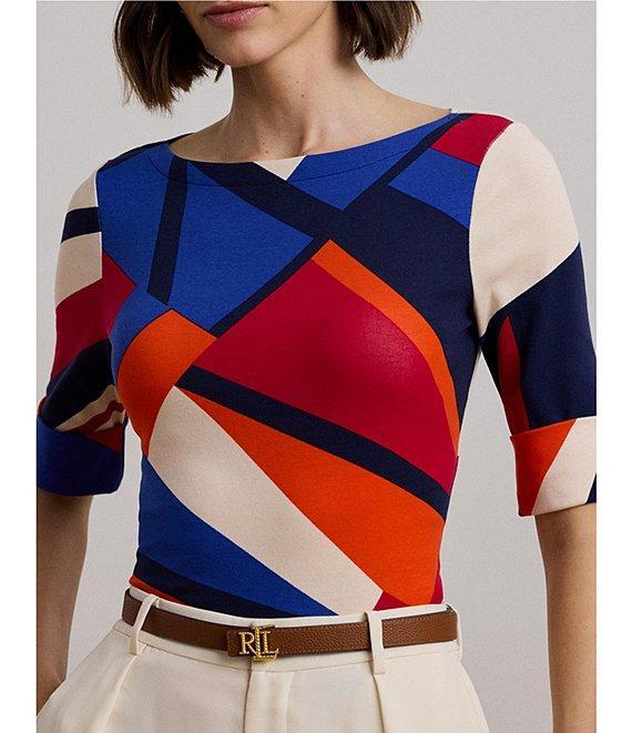 Lauren Ralph Lauren Stretch Cotton Abstract Print Boat Neck Elbow Length Sleeve Tee Top Product Image