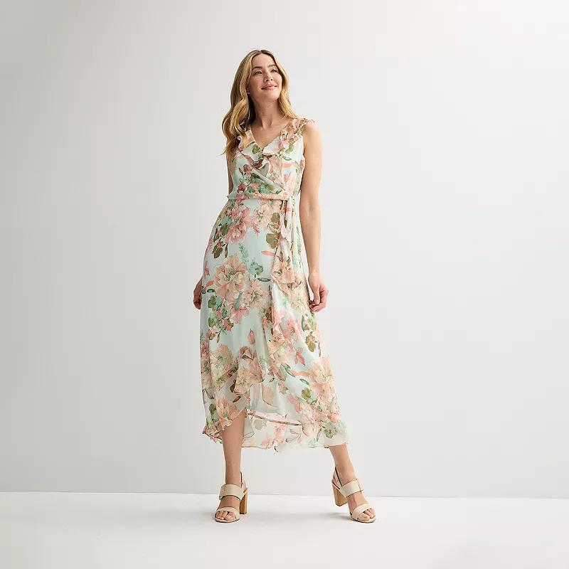 Women's London Times Ruffled Chiffon Maxi Dress, Size: 6, Aqua Pink Product Image