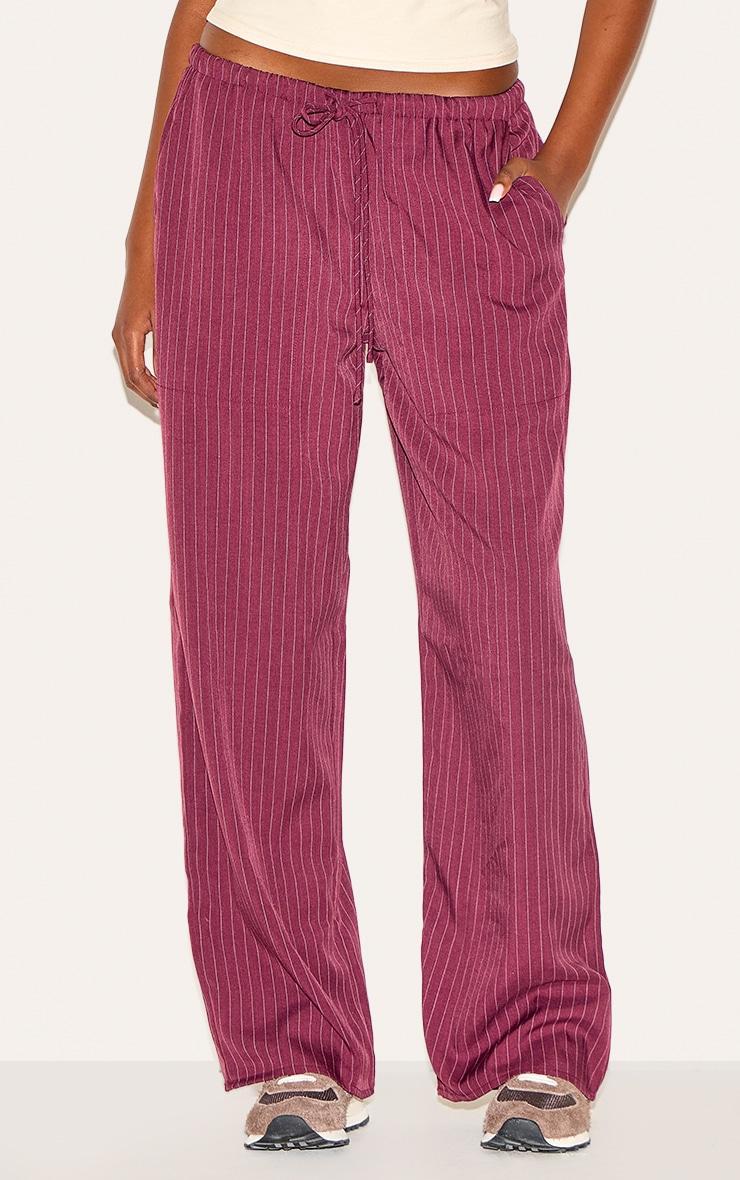  Plum Pinstripe Woven Drawstring Low Rise Relaxed Pants Product Image