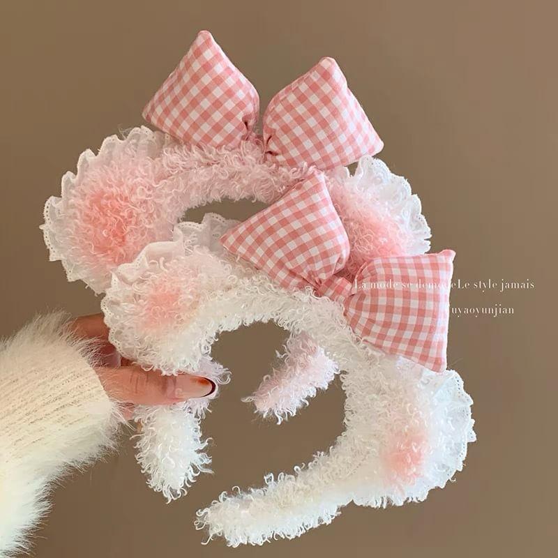 Bear Ear Plaid Bowknot Headband Product Image