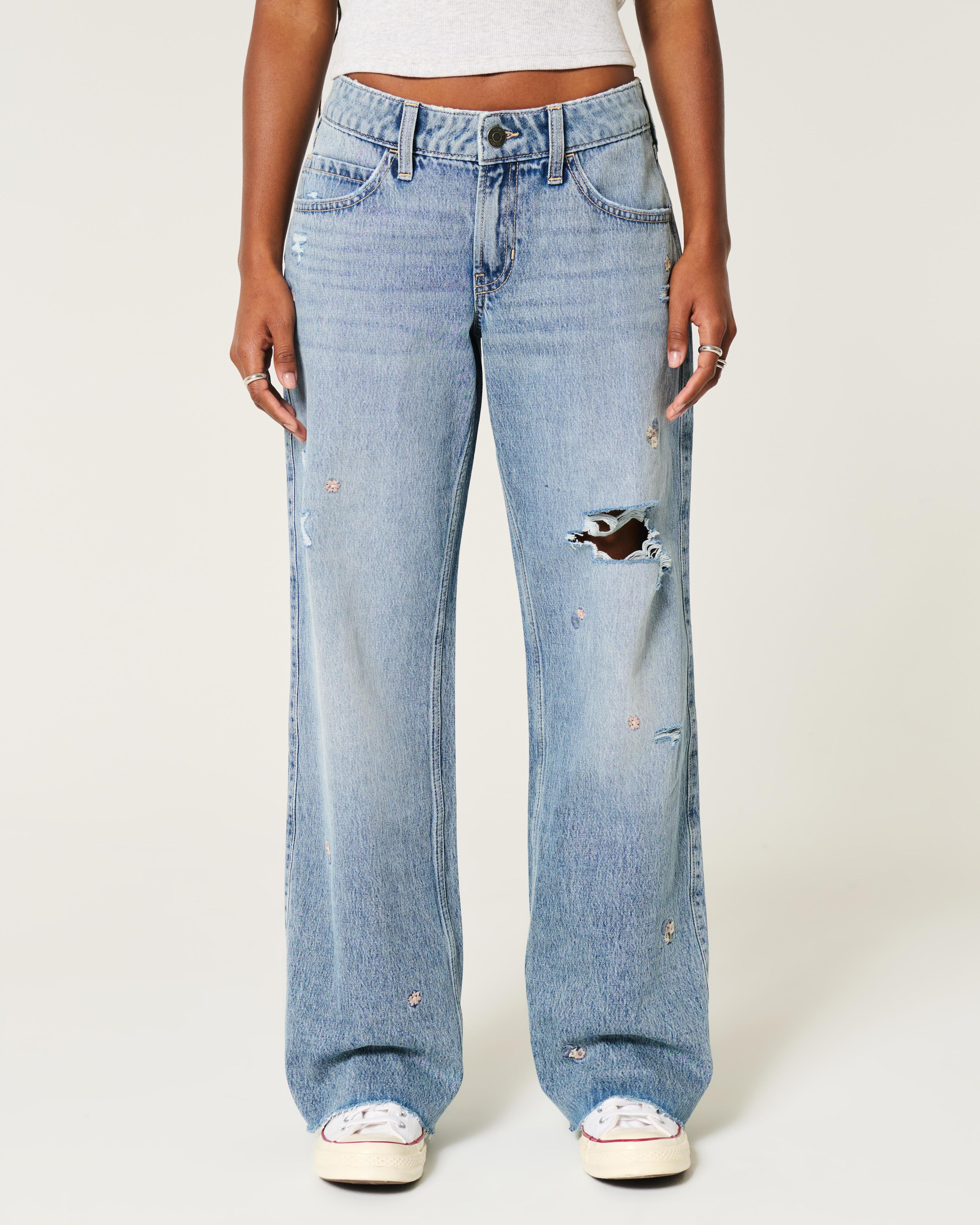 Low-Rise Medium Wash Floral Ripped Baggy Jeans Product Image