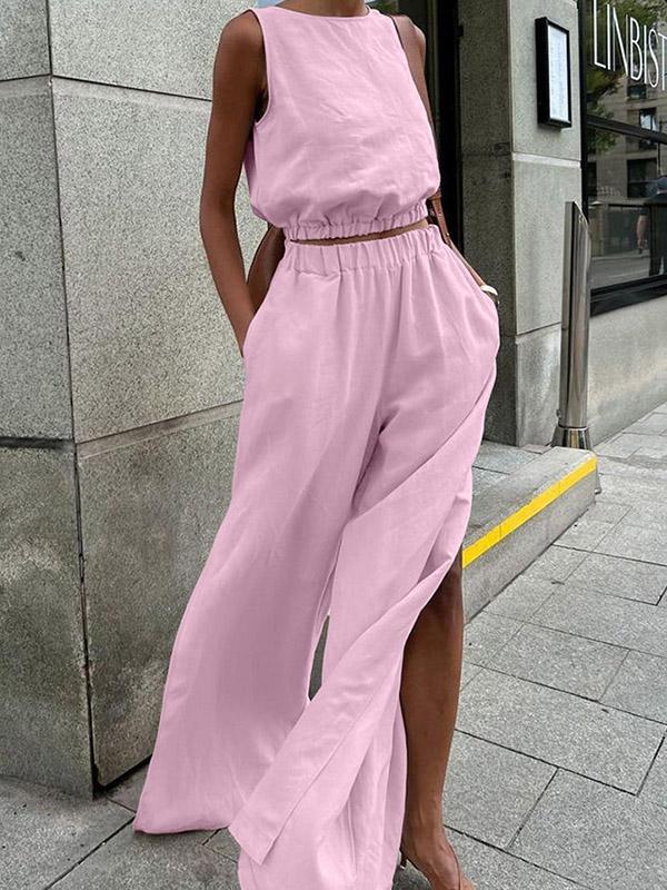 Loose Elasticity Solid Color Split-Joint Round-Neck Vest + High Waisted Split-Side Pants Two Pieces Set Product Image