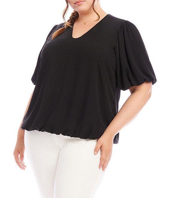 Karen Kane Plus Size Silky Crepe V-Neck Short Puff Sleeve Top Product Image