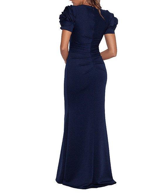 Xscape Rosette Short Sleeve Ruched Back Sheath Gown Product Image