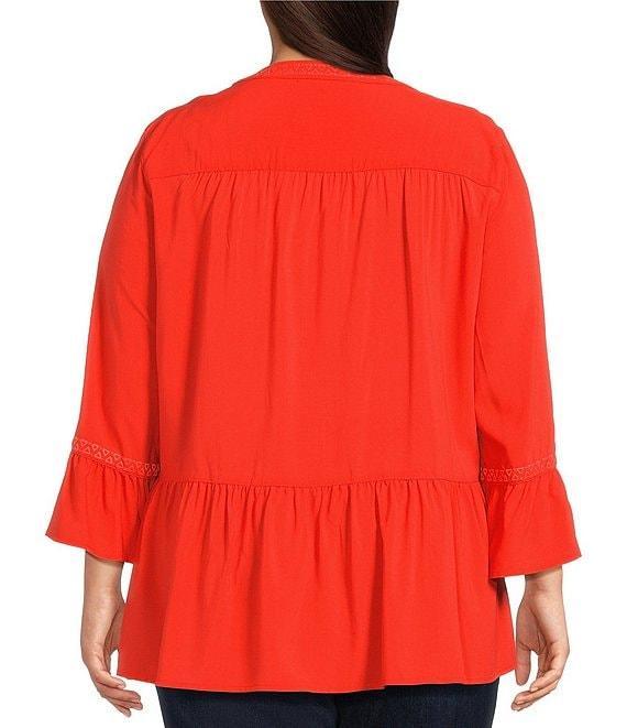 John Mark Plus Size Embroidered Split-Neck 3/4 Ruffle Flounce Sleeve Tunic Product Image